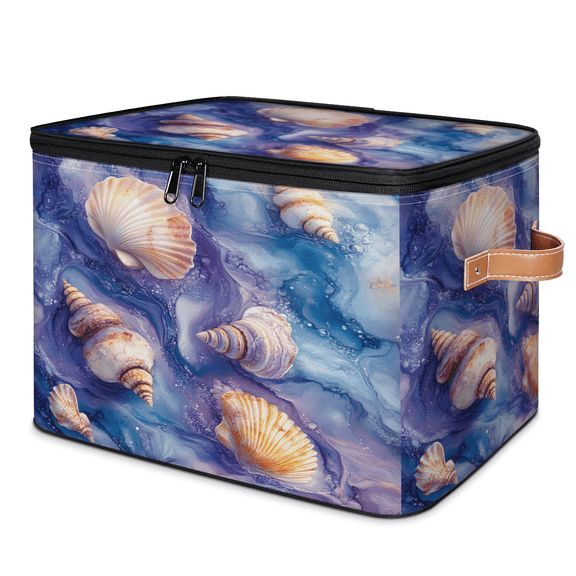CURLYOOT Nautical Coastal Beach Seashell Storage Bin with Zipper Lid, Fabric Decorative Lidded Storage Baskets Boxes, Foldable Organizer Container Basket for Bedroom Closet Shelf