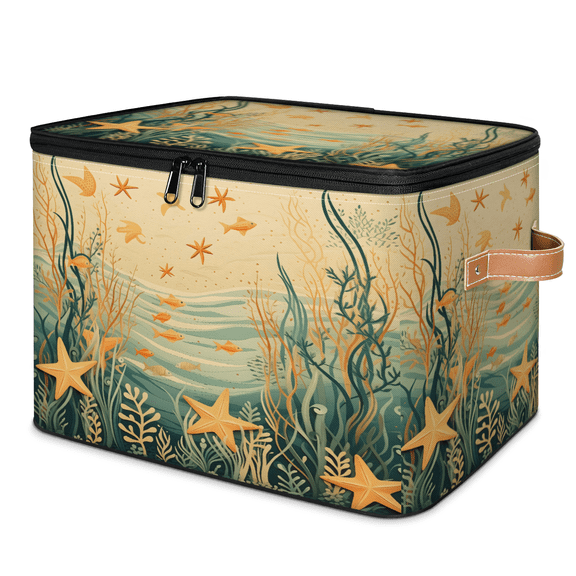 CURLYOOT Nautical Coastal Coral Starfish Seashell Storage Bin with Zipper Lid, Fabric Decorative Lidded Storage Baskets Boxes, Foldable Organizer Container Basket for Bedroom Closet Shelf