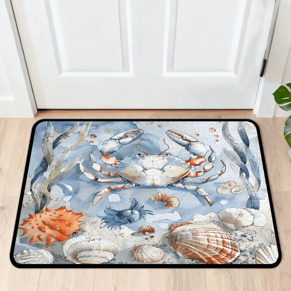 CURLYOOT Nautical Coastal Indoor Doormat, Non-Slip Absorbent Door Mat 24" x 16", Crab Seashell Entrance Floor Mat Washable Entry Doormats for Entryway Front Back Door