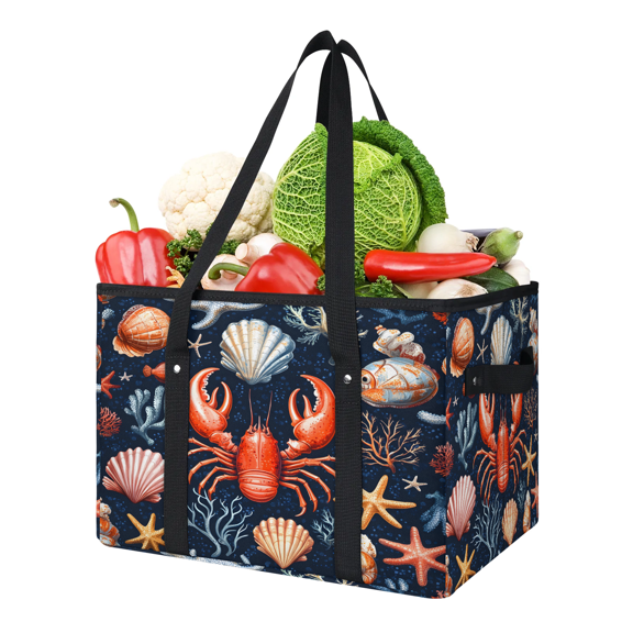 CURLYOOT Nautical Coastal Reusable Grocery Bag, Large Foldable Grocery Totes Shopping Bag for Groceries, Crayfish Seashell Shopping Bags with Handles for Kitchen Trunk Picnic