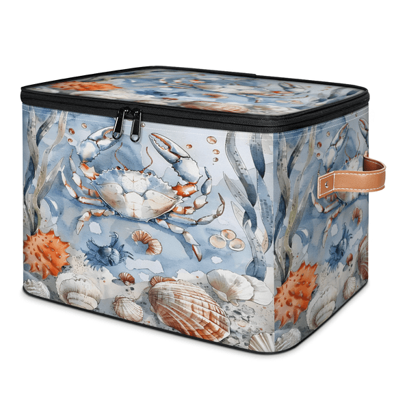 CURLYOOT Nautical Coastal Storage Bins with Zipper Lid Fabric Storage Baskets Boxes Crab Seashell Washable Foldable Clothes Organizer Container with Leather Handles for Shelves Closet