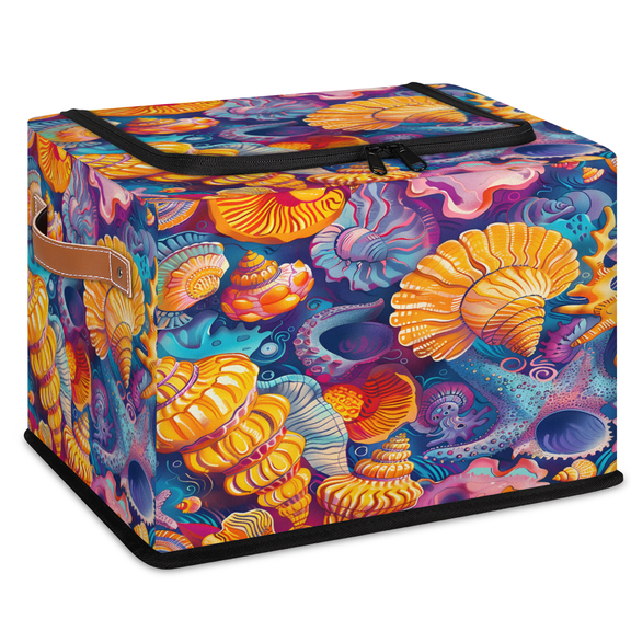 CURLYOOT Nautical Conch Storage Bin with Zipper Lid Foldable Storage Basket Box Ocean Seashell Clothes Organizer Container for Closet, Shelf, Bedroom, Home Decor
