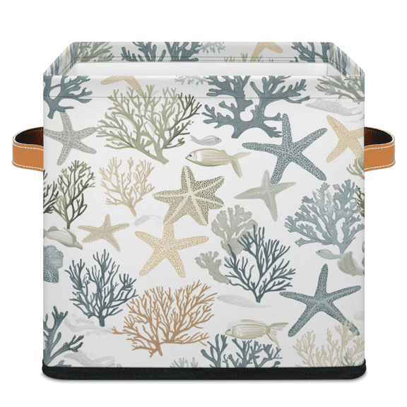 CURLYOOT Nautical Ocean Coral 11 x 11 Inch Cube Storage Bin, Fabric Storage Cube Foldable Basket with Leather Handles, Organizer Basket for Closet Shelves