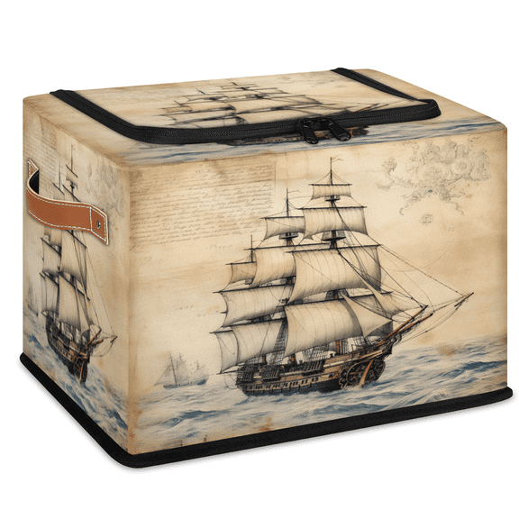 CURLYOOT Nautical Ocean Pirate Ship Storage Bin with Zipper Lid, Foldable Clothes Organizer Lidded Storage Baskets, Rectangular Box Closet Shelf Container Organizer for Home Dorm