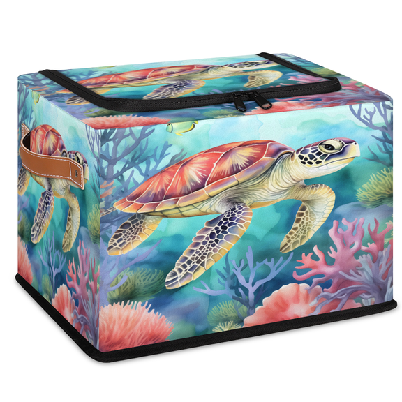 CURLYOOT Nautical Sea Turtle Storage Bin with Zipper Lid Foldable Storage Basket Box Ocean Coral Clothes Organizer Container for Closet, Shelf, Bedroom, Home Decor