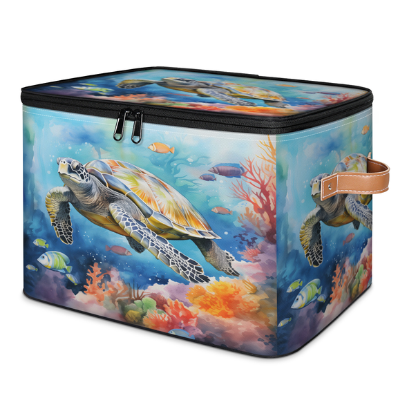 CURLYOOT Nautical Sea Turtles Beach Theme Storage Bin with Zipper Lid, Fabric Decorative Lidded Storage Baskets Boxes, Foldable Organizer Container Basket for Bedroom Closet Shelf