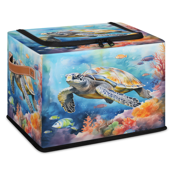 CURLYOOT Nautical Sea Turtles Beach Theme Storage Bin with Zipper Lid, Foldable Clothes Organizer Lidded Storage Baskets, Rectangular Box Closet Shelf Organizer for Living Room Bedroom Home