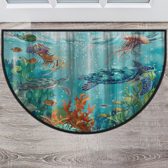 CURLYOOT Nautical Sea Turtles Half Round Door Mat 24'' x 36'', Indoor Outdoor Entrance Rug, Semi Circular Area Rug, Non Slip Washable Absorbent Doormat, Laundry Room Rug