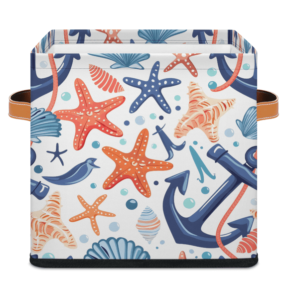 CURLYOOT Nautical Seashell Starfish Coral Cube Storage Bin 11 Inch Fabric Storage Cube for Shelves Decorative Beach Theme Foldable Basket with Leather Handle for Closet Shelves Organizer