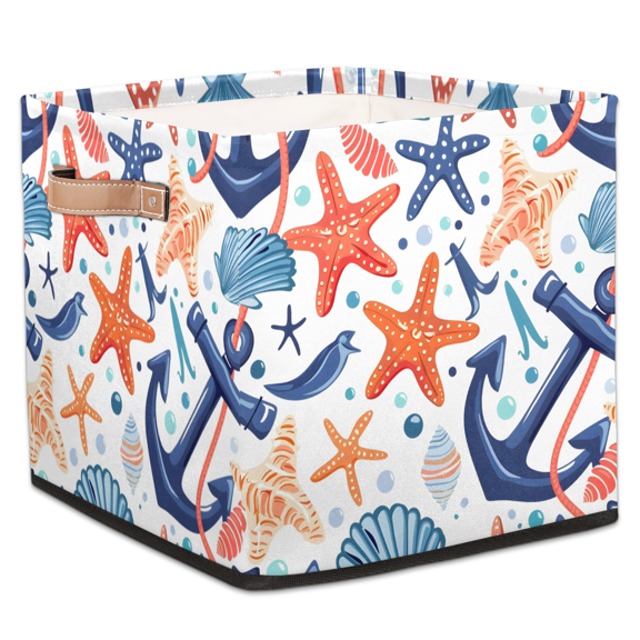 CURLYOOT Nautical Seashell Starfish Coral Cube Storage Bin, 13 x 13 x 13 Storage Cube Bins for Organizing, Beach Theme Fabric Foldable Closet Baskets with Handles for Closet, Shelves, Clothes