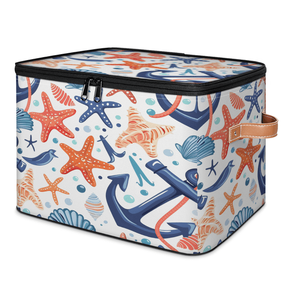 CURLYOOT Nautical Seashell Starfish Coral Fabric Storage Bins with Lids, Beach Theme Foldable Storage Boxes Washable Storage Cube, Closet Bedroom Home Organizer Containers with Handles