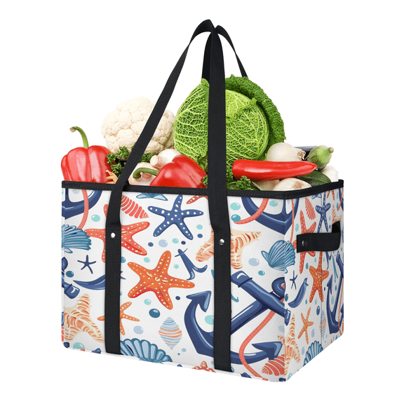 CURLYOOT Nautical Seashell Starfish Coral Reusable Grocery Bag, Large Foldable Grocery Totes Shopping Bag for Groceries, Beach Theme Shopping Bags with Handles for Kitchen Trunk Picnic