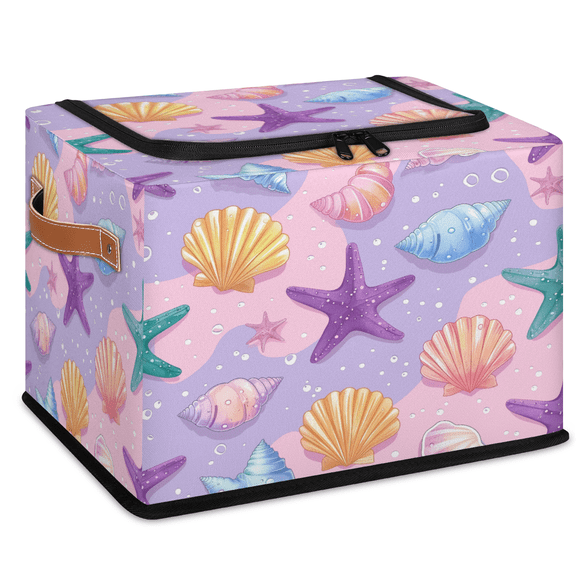 CURLYOOT Nautical Starfish Seashell Storage Bin with Zipper Lid Foldable Storage Basket Box Watercolor Clothes Organizer Container for Closet, Shelf, Bedroom, Home Decor