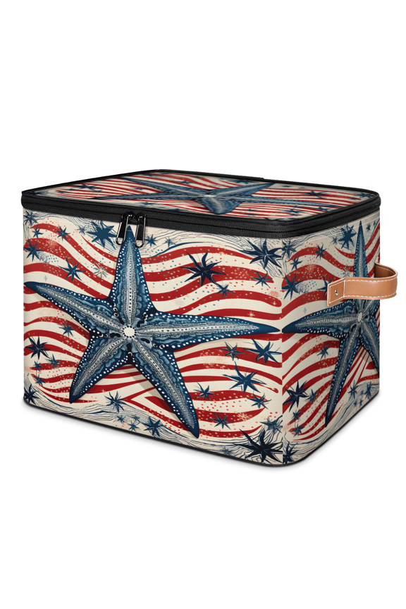 Nautical Starfish Storage Bins with Zipper Lid Fabric Storage Baskets Boxes Washable Foldable Clothes Organizer Container with Leather Handles for Shelves Closet
