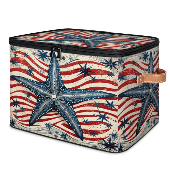 CURLYOOT Nautical Starfish Storage Bins with Zipper Lid Fabric Storage Baskets Boxes Washable Foldable Clothes Organizer Container with Leather Handles for Shelves Closet