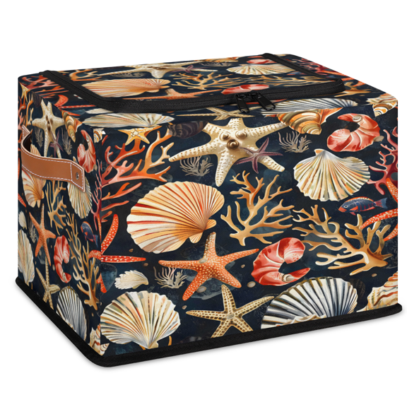 CURLYOOT Nautical Storage Bin with Zipper Lid Foldable Storage Basket Box Seashell Starfish Clothes Organizer Container for Closet, Shelf, Bedroom, Home Decor