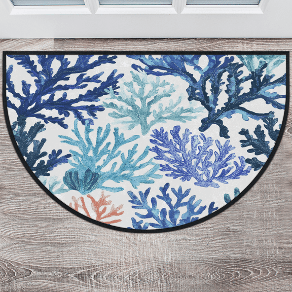 CURLYOOT Navy Sea Coral Half Round Door Mat 24'' x 36'', Indoor Outdoor Entrance Rug, Semi Circular Area Rug, Non Slip Washable Absorbent Doormat, Laundry Room Rug