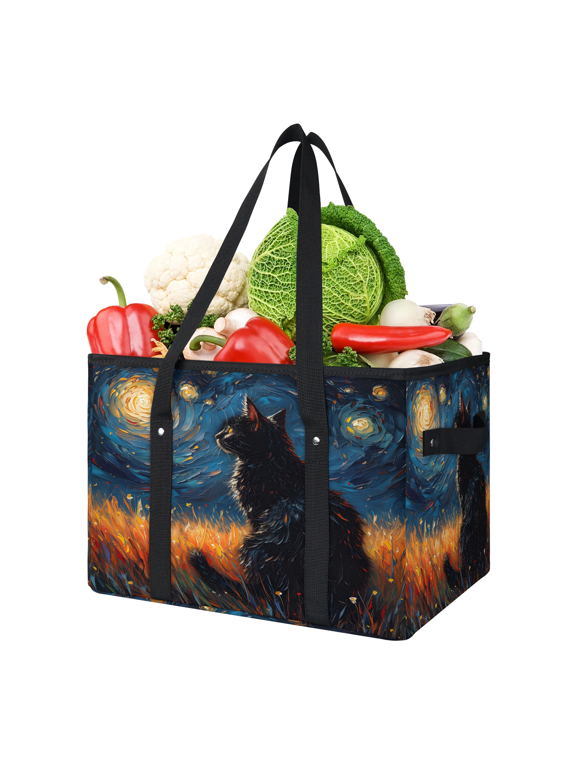 Night Black Cat Reusable Grocery Bag, Foldable Shopping Tote Bag with Reinforced Handles, Large Kitchen Grocery Bags for Shopping Groceries Picnic