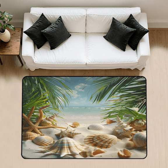 CURLYOOT Ocean Area Rug 3x5 Ft Rugs for Entryway Entrance Kitchen, Washable Non Slip Seashell Palm Tree Indoor Floor Carpet for Bedroom Living Room