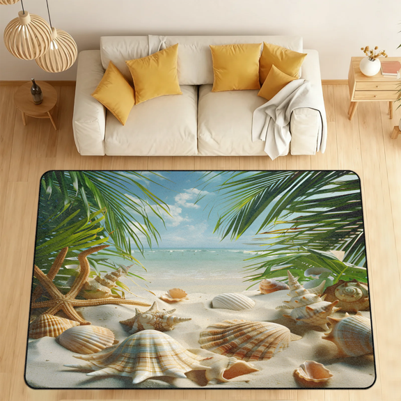 CURLYOOT Ocean Area Rugs for Living Room Bedroom, 4' 10" x 6' 8" Washable Rug, Seashell Palm Tree Floor Carpet with Non Slip Backing for Dining Room Indoor
