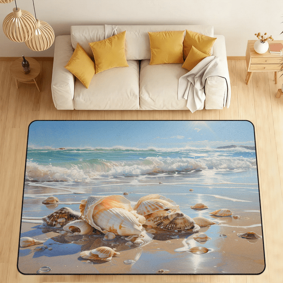 CURLYOOT Ocean Beach Area Rugs 5'x7' Washable Rug Large Living Room Rug Non Slip Conch Shells Indoor Floor Carpet for Dining Room Bedroom Home