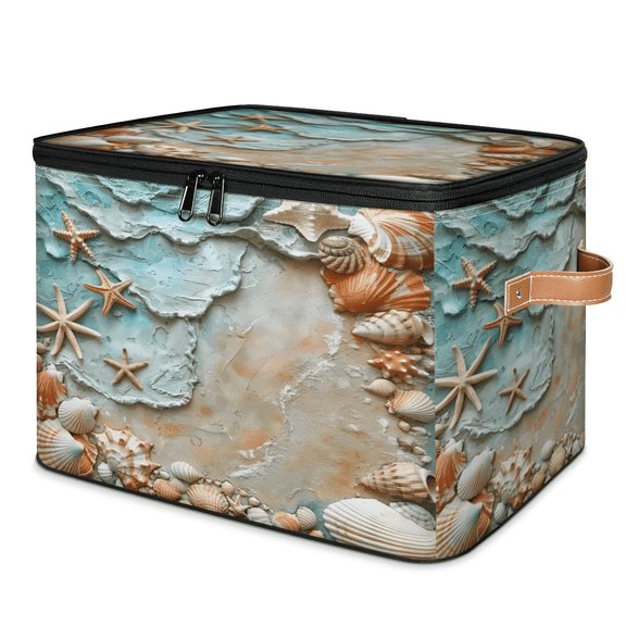 CURLYOOT Ocean Beach Fabric Storage Bins with Lids, Starfish Shell Foldable Storage Boxes Washable Storage Cube, Closet Bedroom Home Organizer Containers with PU Leather Handles