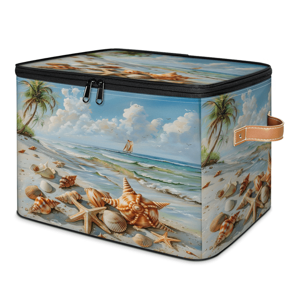 CURLYOOT Ocean Beach Fabric Storage Bins with Lids, Tropical Beach Starfish Seashell Foldable Storage Boxes Washable Storage Cube, Closet Bedroom Home Organizer Containers with Handles