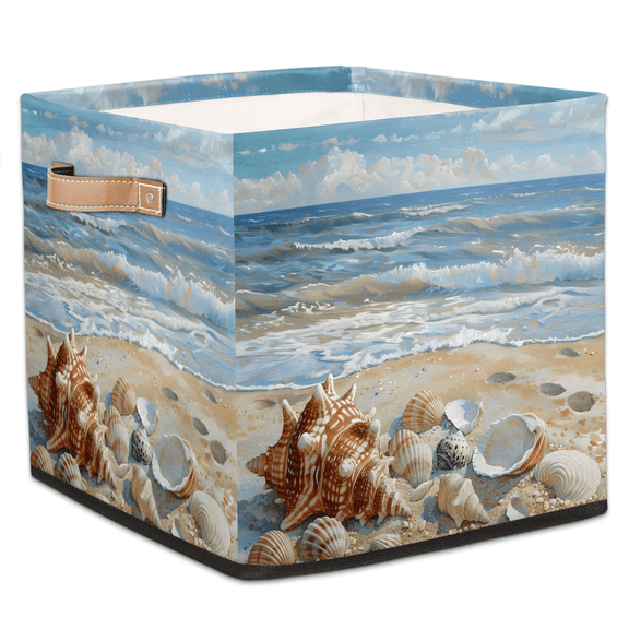 CURLYOOT Ocean Beach Shell Cube Storage Bin, 13 x 13 x 13 Storage Cube Bins for Organizing, Beach Theme Fabric Foldable Baskets with Handles for Closet, Shelves, Clothes