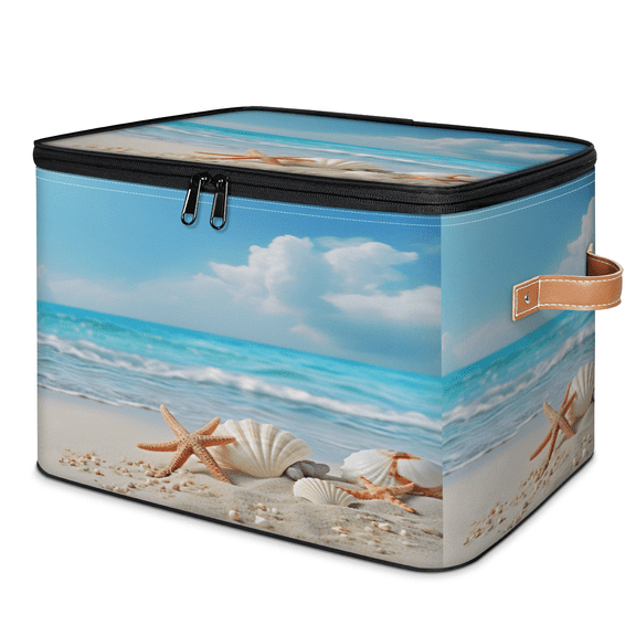 CURLYOOT Ocean Beach Storage Bins with Zipper Lid Fabric Storage Baskets Boxes Coastal Starfish Washable Foldable Clothes Organizer Container with Leather Handles for Shelves Closet