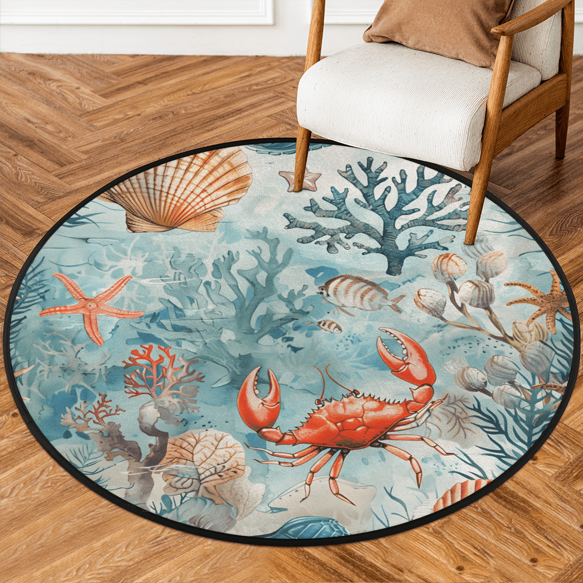 Sea Rug Animal CURLYOOT Ocean Crab 5.2ft Round Rug for Living Room, Large Washable ...