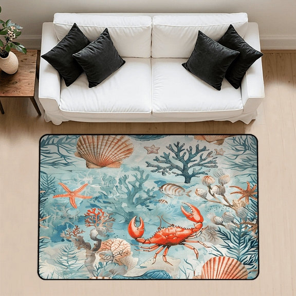 CURLYOOT Ocean Crab Area Rug 3x5 Ft Rugs for Entryway Entrance Kitchen, Washable Non Slip Sea Animals Theme Indoor Floor Carpet for Bedroom Living Room