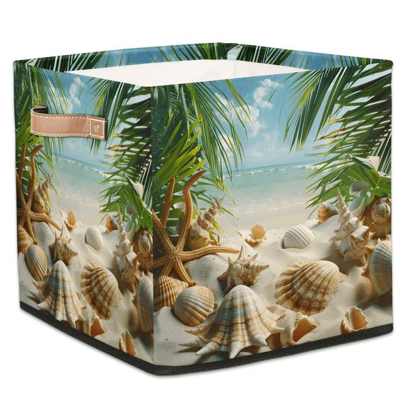 CURLYOOT Ocean Cube Storage Bin, 13 x 13 x 13 Storage Cube Bins for Organizing, Seashell Palm Tree Fabric Foldable Baskets with Handles for Closet, Shelves, Clothes