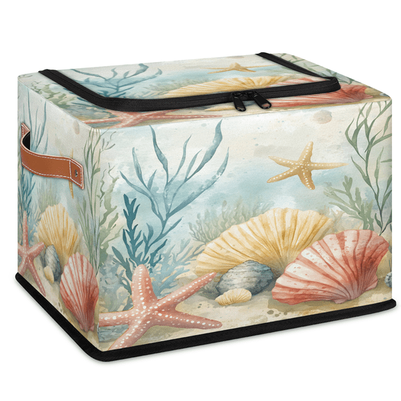 CURLYOOT Ocean Nautical Coastal Starfish Storage Bin With Zipper Lid, Foldable Clothes Organizer Lidded Storage Baskets, Rectangular Box Closet Shelf Container Organizer for Home Dorm