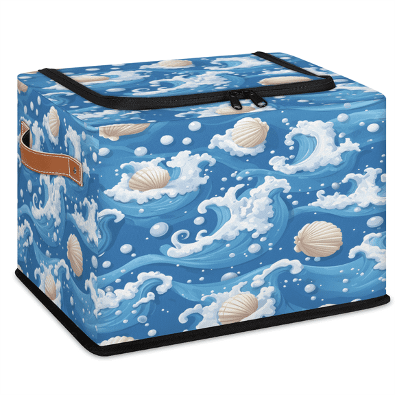 CURLYOOT Ocean Seashell Storage Bin with Zipper Lid, Foldable Clothes Organizer Lidded Storage Baskets, Rectangular Box Closet Shelf Container Organizer for Home Dorm
