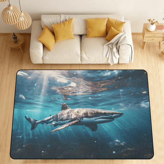 CURLYOOT Ocean Shark Area Rugs for Living Room Bedroom, 4' 10" x 6' 8" Washable Rug, Coastal Floor Carpet with Non Slip Backing for Dining Room Indoor