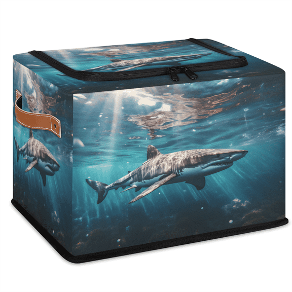 CURLYOOT Ocean Shark Storage Bin with Zipper Lid Foldable Storage Basket Box Coastal Clothes Organizer Container for Closet, Shelf, Bedroom, Home Decor