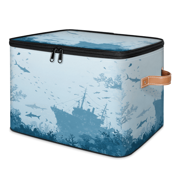 CURLYOOT Ocean Sharks Pirate Ship Storage Bins with Lid, Decorative Fabric Closet Boxes with Lids, Underwater World Foldable Storage Baskets Shelves Container Organizers for Bedroom, Home