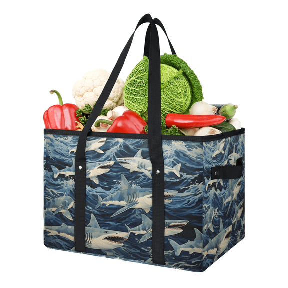 CURLYOOT Ocean Sharks Reusable Grocery Bag, Foldable Shopping Tote Bag with Reinforced Handles, Large Kitchen Grocery Bags for Shopping Groceries Picnic