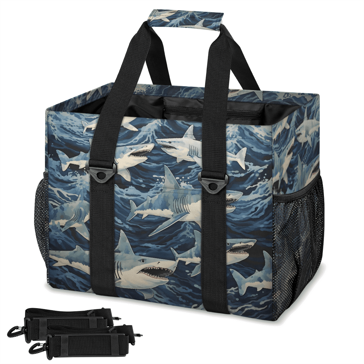 Ocean Handle CURLYOOT Ocean Sharks Reusable Grocery Bag, Large Shopping Tote with ...