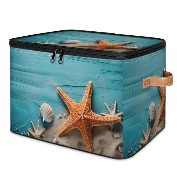 CURLYOOT Ocean Starfish Storage Bins with Zipper Lid Fabric Storage Baskets Boxes Nautical Rustic Washable Foldable Clothes Organizer Container with Leather Handles for Shelves Closet