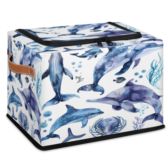 CURLYOOT Ocean Whale Underwater Cartoon Animal Storage Bin With Zipper Lid, Foldable Clothes Organizer Lidded Storage Baskets, Rectangular Box Closet Shelf Organizer for Bedroom Living Room