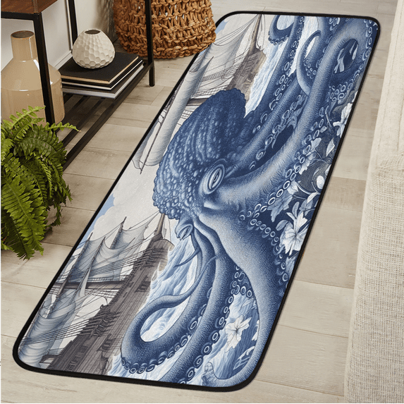 CURLYOOT Octopus Ocean Themed Runner Rug 2'x6' Washable Kitchen Runner Rug Indoor Non Slip Laundry Rugs Floor Carpet for Hallway Kitchen Entryway Bedroom Living Room