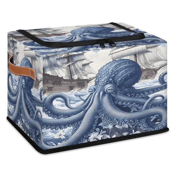 CURLYOOT Octopus Ocean Themed Storage Bin with Zipper Lid, Foldable Clothes Organizer Lidded Storage Baskets, Rectangular Box Closet Shelf Container Organizer for Home Dorm