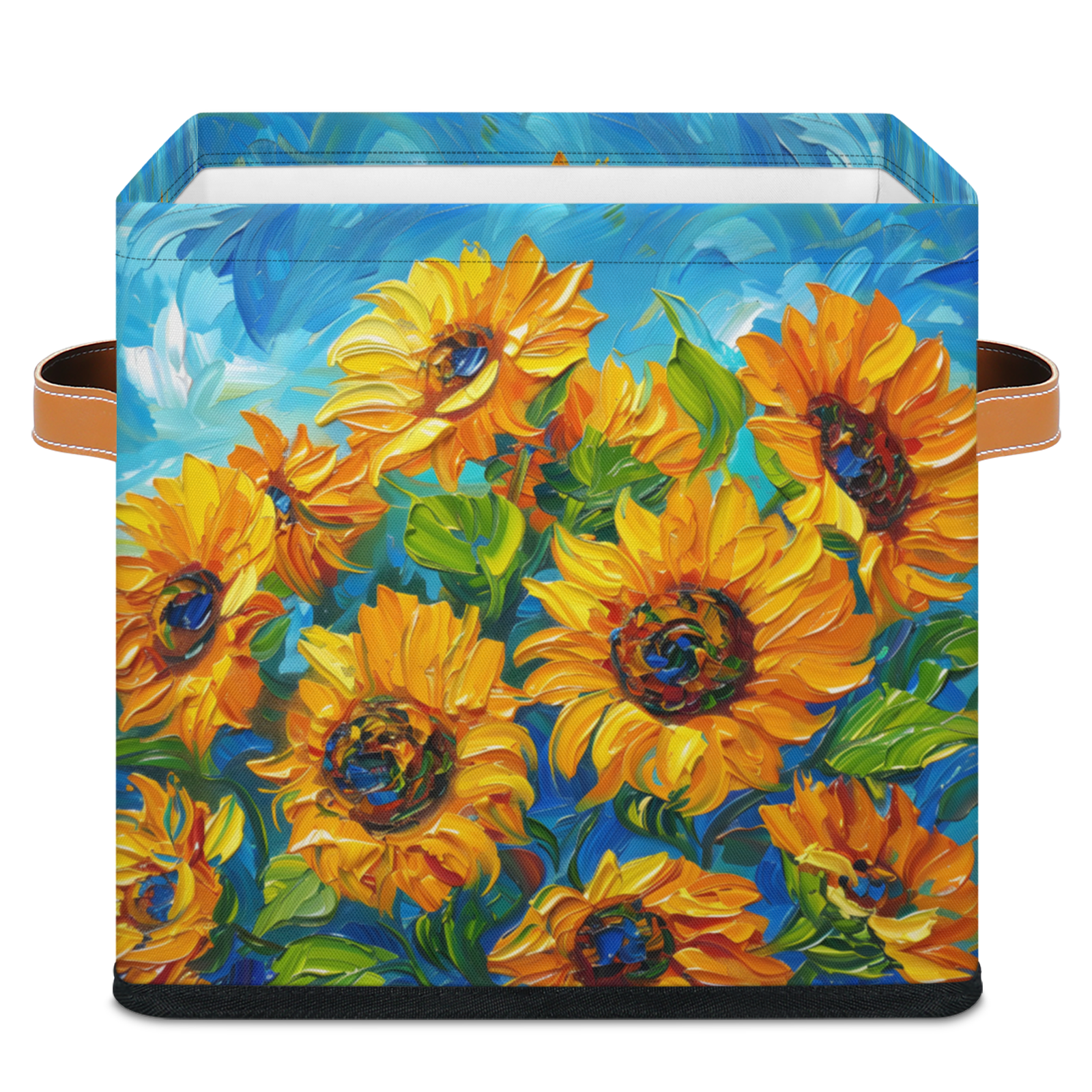 CURLYOOT Oil Painting Sunflower 11 x 11 Inch Cube Storage Bin, Fabric Storage Cube Foldable Basket with Leather Handles, Organizer Basket for Closet Shelves
