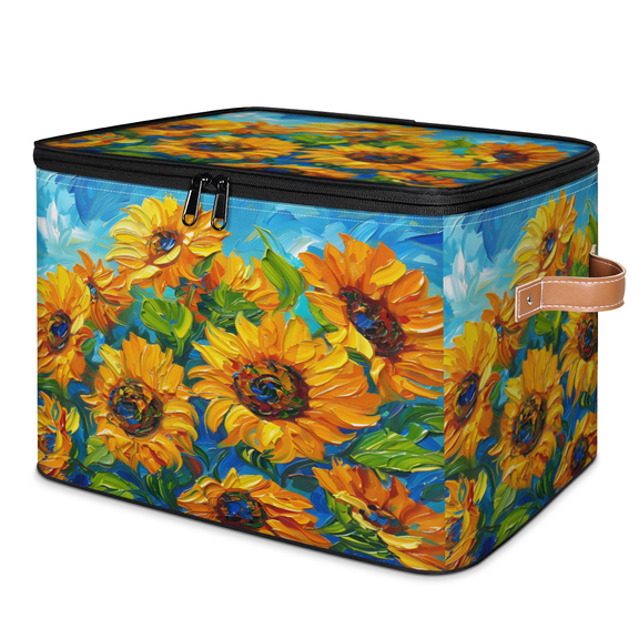 CURLYOOT Oil Painting Sunflower Storage Bins with Lid, Decorative Fabric Storage Boxes, Foldable Closet Shelf Organizer Baskets for Bedroom, Living Room, Home