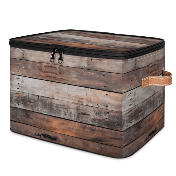 CURLYOOT Old Barn Door Wooden Pattern Fabric Storage Bins with Lids, Foldable Storage Boxes Washable Storage Cube, Closet Bedroom Home Organizer Containers with PU Leather Handles