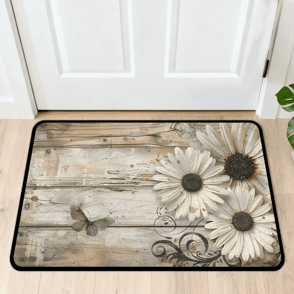CURLYOOT Old Daisy Wooden Indoor Doormat, Non-Slip Absorbent Door Mat 24" x 16", Entrance Floor Mat Washable Entry Doormats for Entryway Front Back Door
