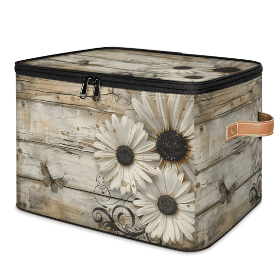 CURLYOOT Old Daisy Wooden Storage Bins with Lid, Decorative Fabric Storage Boxes, Foldable Closet Shelf Organizer Baskets for Bedroom, Living Room, Home
