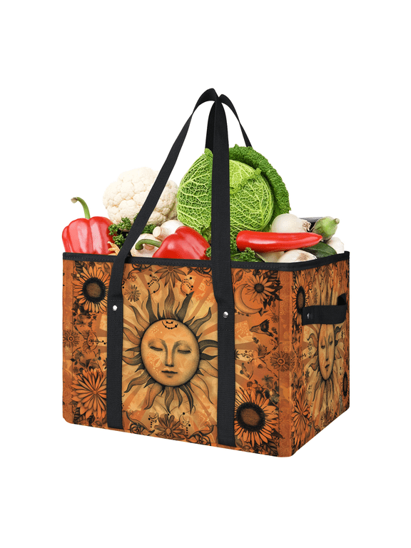 Orange Boho Sun Reusable Grocery Bag, Large Foldable Grocery Totes Shopping Bag for Groceries, Shopping Bags with Handles for Kitchen Trunk Picnic