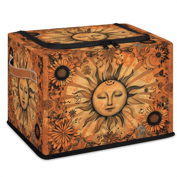 CURLYOOT Orange Boho Sun Storage Bin With Zipper Lid, Foldable Clothes Organizer Lidded Storage Baskets, Rectangular Box Closet Shelf Organizer